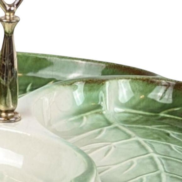 Vintage Royal Haeger Leaf Serving Tray: Green Ceramic, Gold Handle - Picture 3 of 7